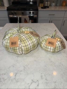 New Set of 2 "Thankful" Plaid Fabric Pumpkins
